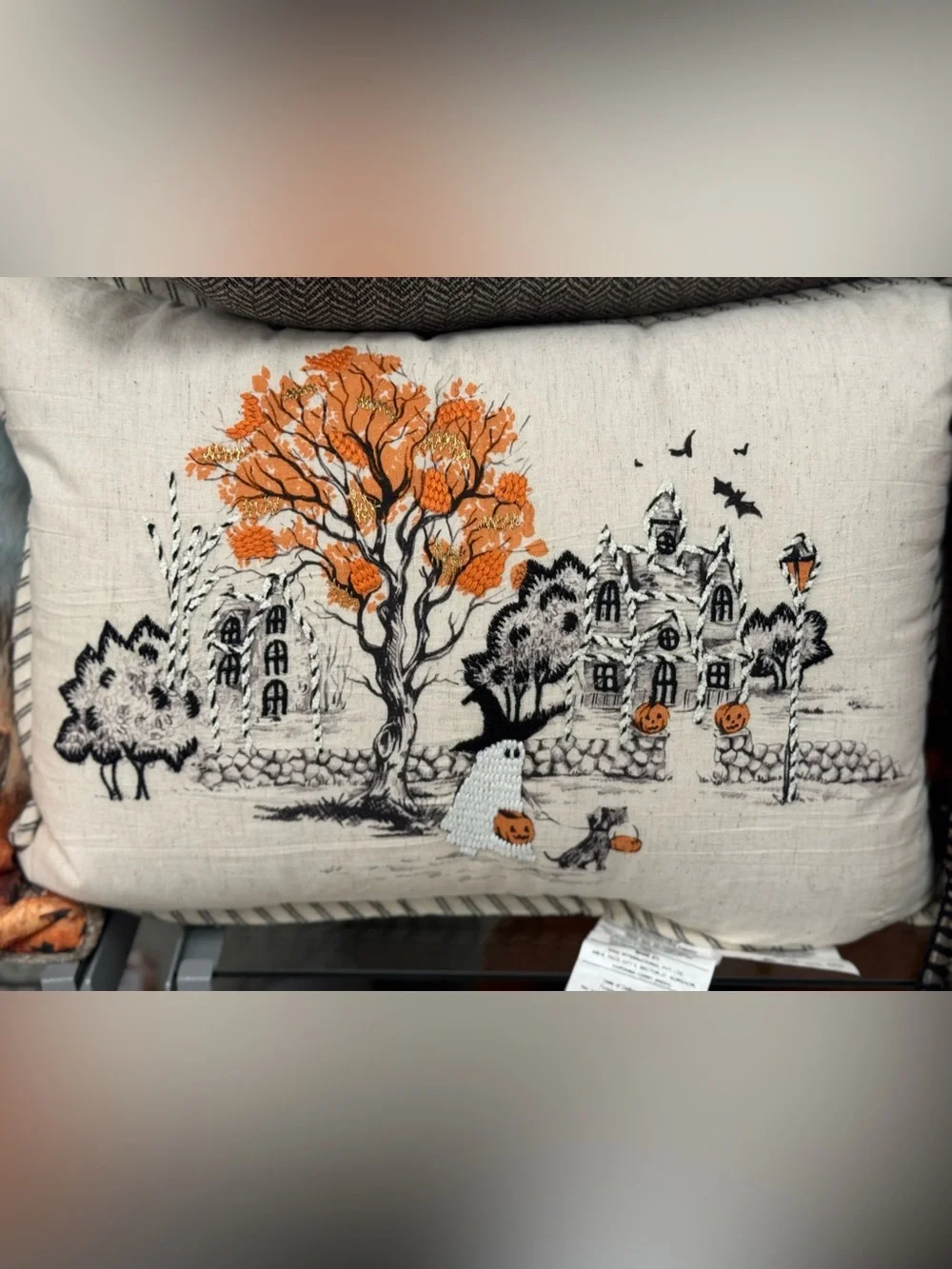 Halloween Embroidered Throw Pillow Cover with Orange Accents